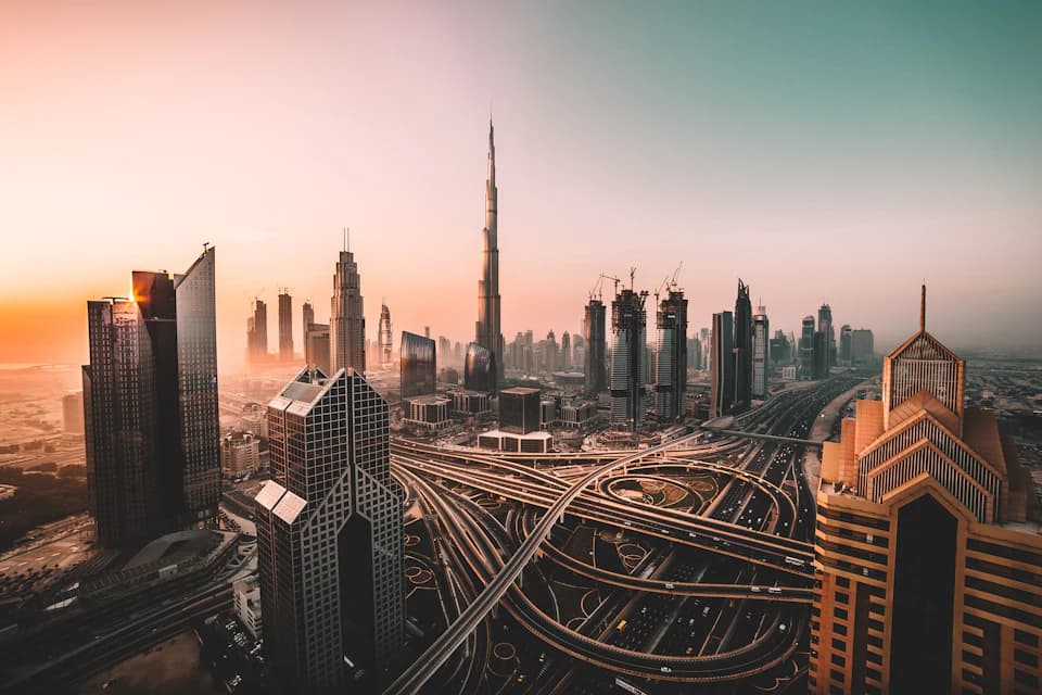 The Burj Khalifa above Dubai's skyscrapers and highways